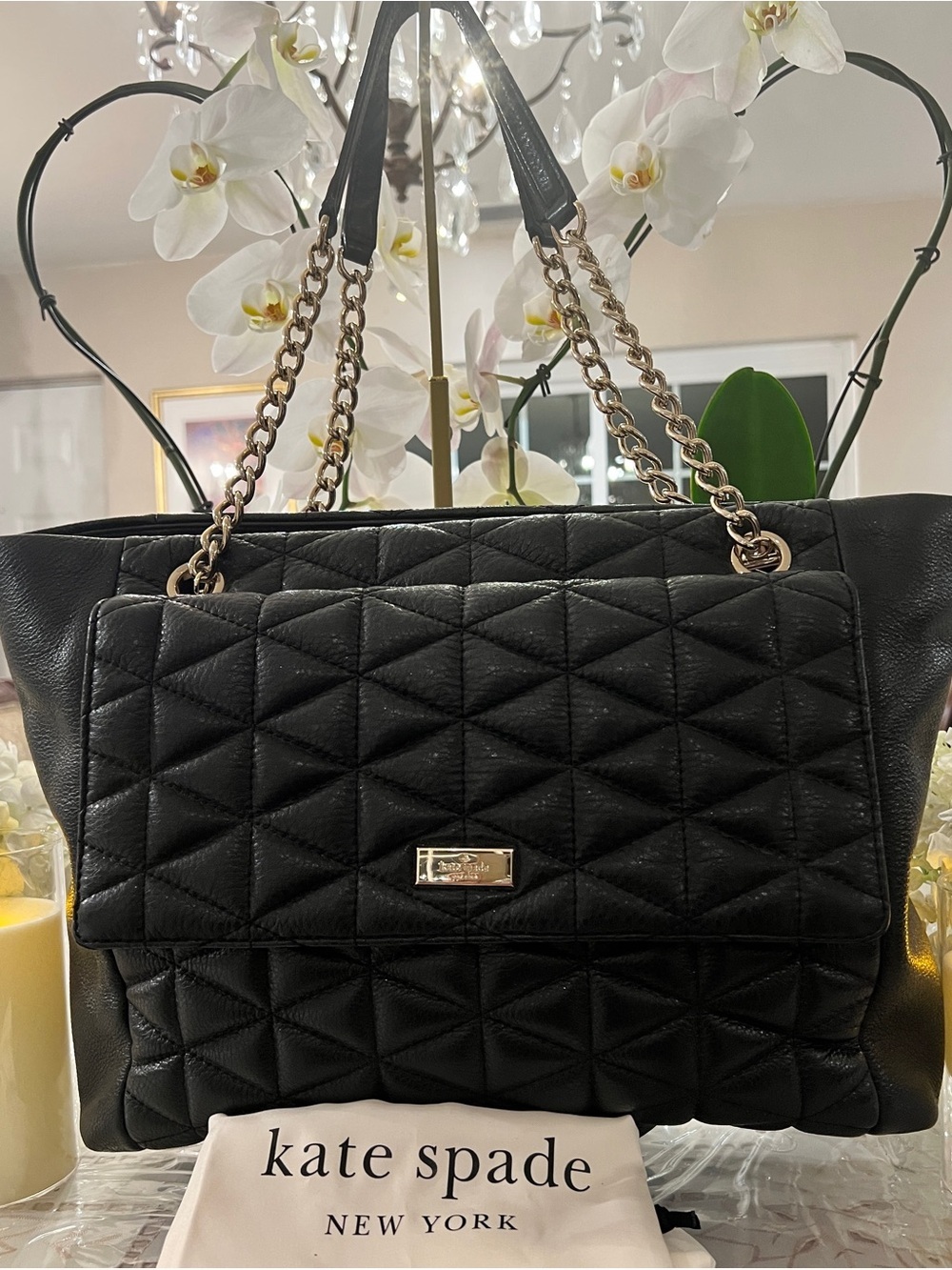 Kate Spade Black Quilted Leather Chain Shoulder Bag Gold Hardware Dust Bag